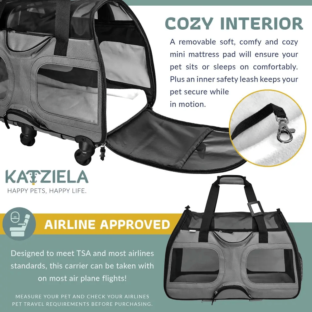 Katziela Deluxe Quilted Airline Approved Pet Dog & Cat Carrier for